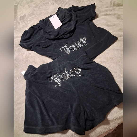 Juicy Couture Velvet Velour Black Outfit Lounge Set Shorts Zip Hoodie L $179 NWT - Picture 2 of 6